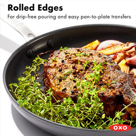 OXO Good Grips handle close-up highlighting comfortable grip and oven-safe durability.