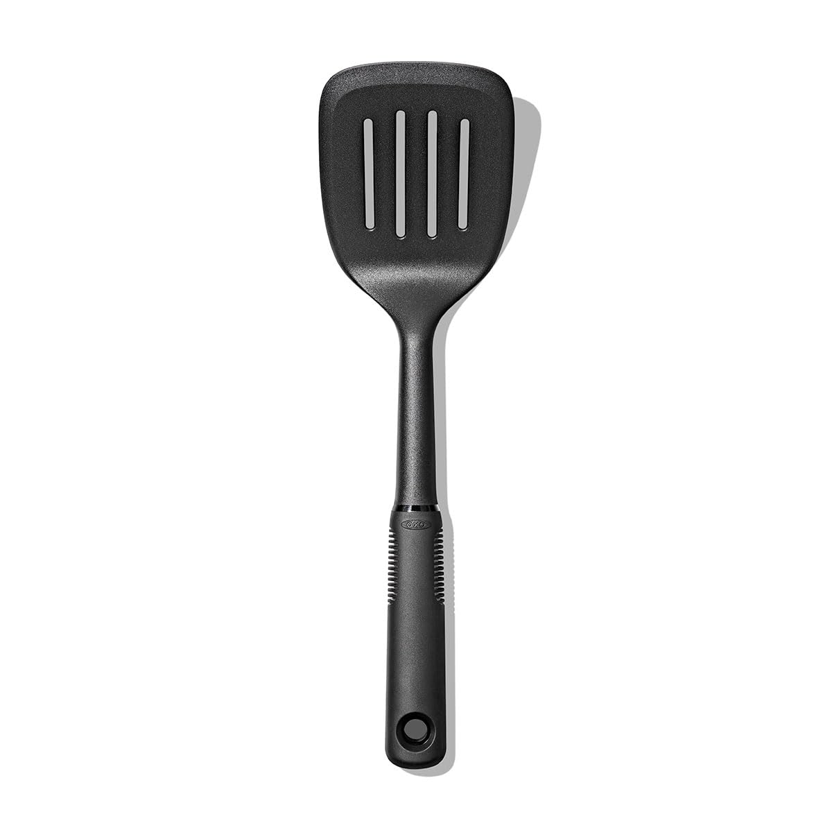 OXO Good Grips Nylon Slotted Turner showing angled edge for easy under-food lifting.