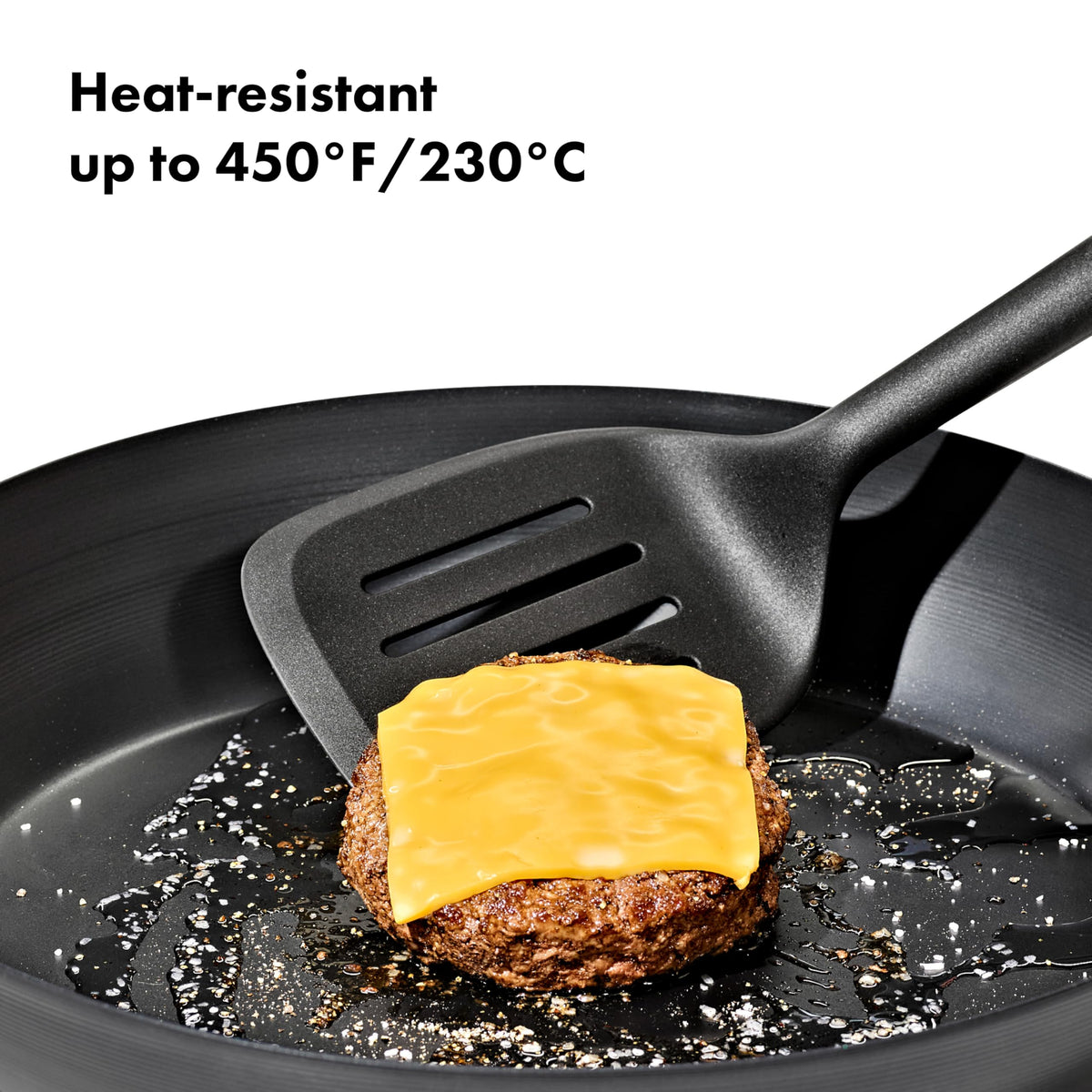 OXO nylon turner with soft non-slip handle for comfortable cooking.
