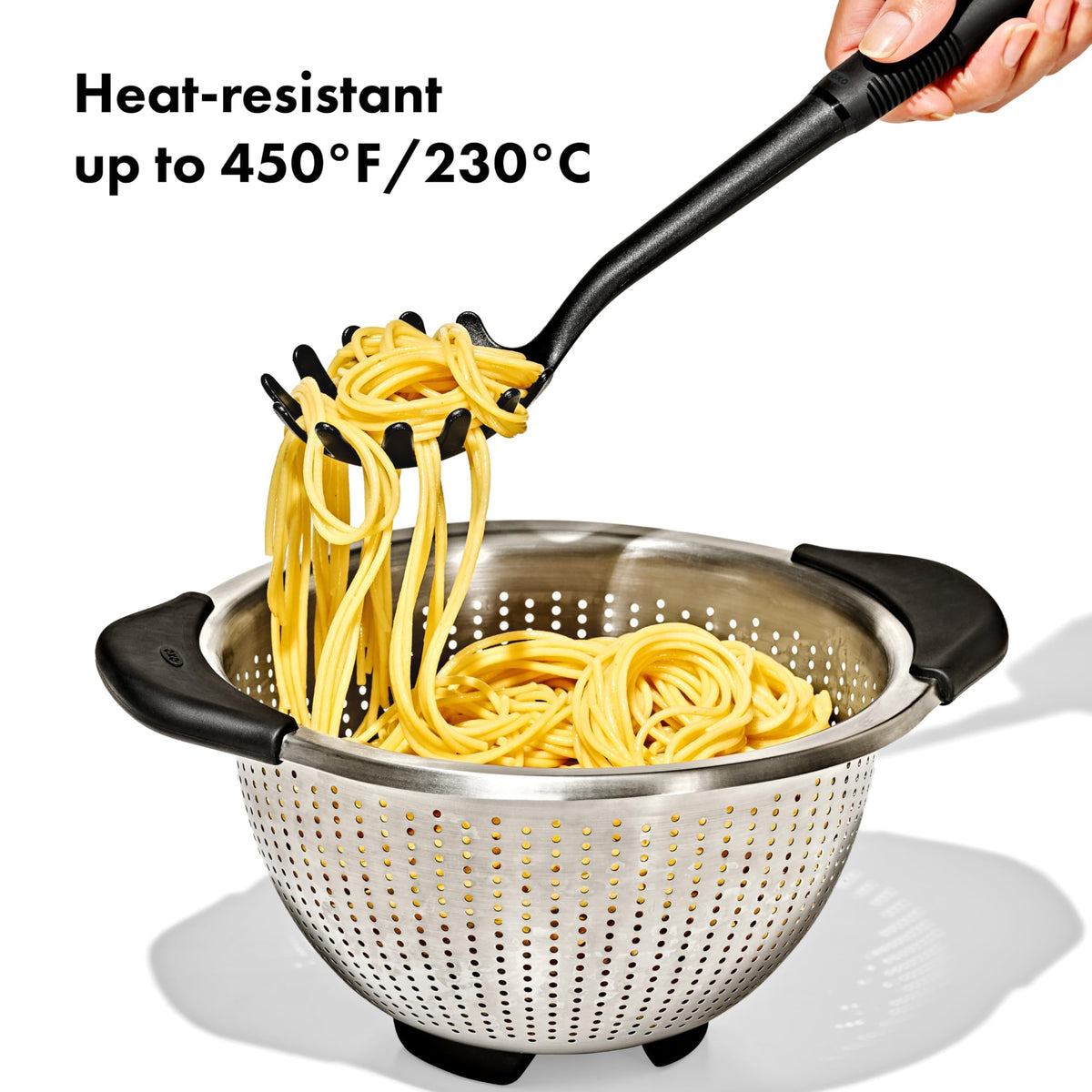 OXO Good Grips nylon spaghetti server is dishwasher-safe for easy cleanup.