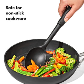 OXO Good Grips nylon spaghetti server with broad tines for lifting pasta.