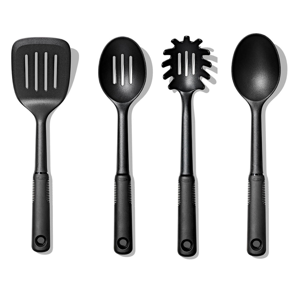 OXO Good Grips nylon spoon with soft, non-slip handle for gentle stirring.