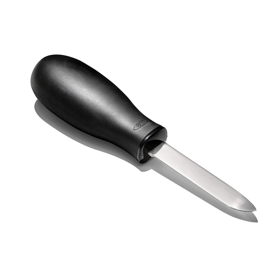 OXO Good Grips oyster knife with bent-tip blade for quick shell opening.
