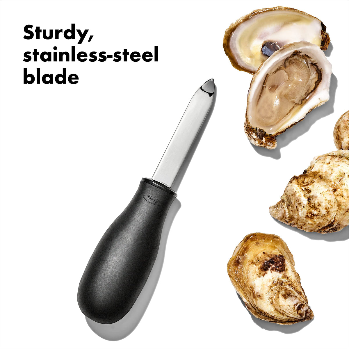 OXO Good Grips oyster knife with non-slip handle usable when hands are wet.