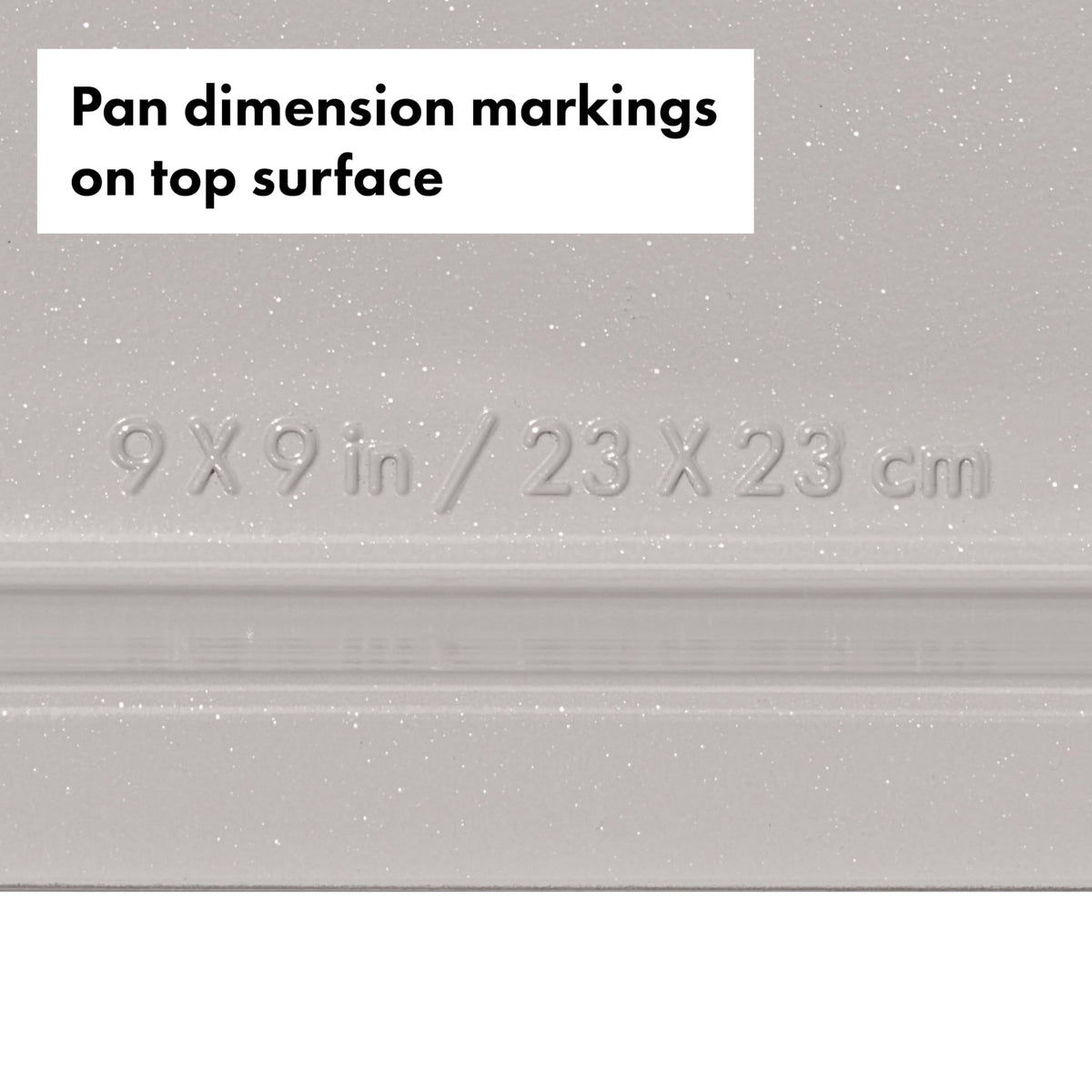 OXO Good Grips pan with top-surface dimension markings for quick recipe matching.
