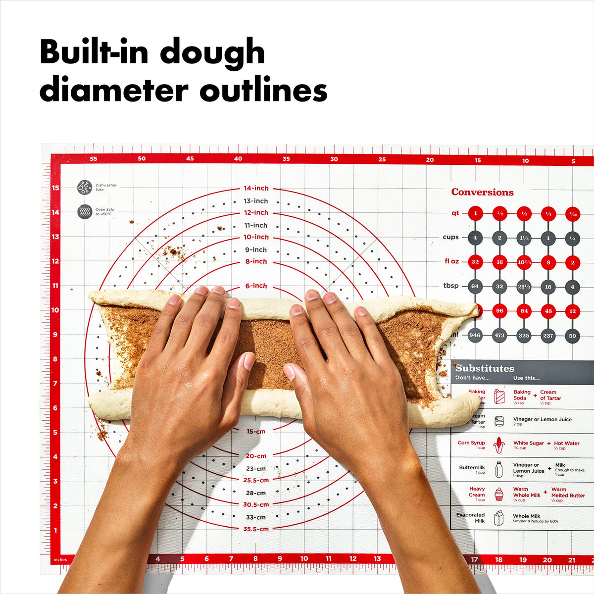 OXO Good Grips pastry mat lists ingredient substitutes for baking.