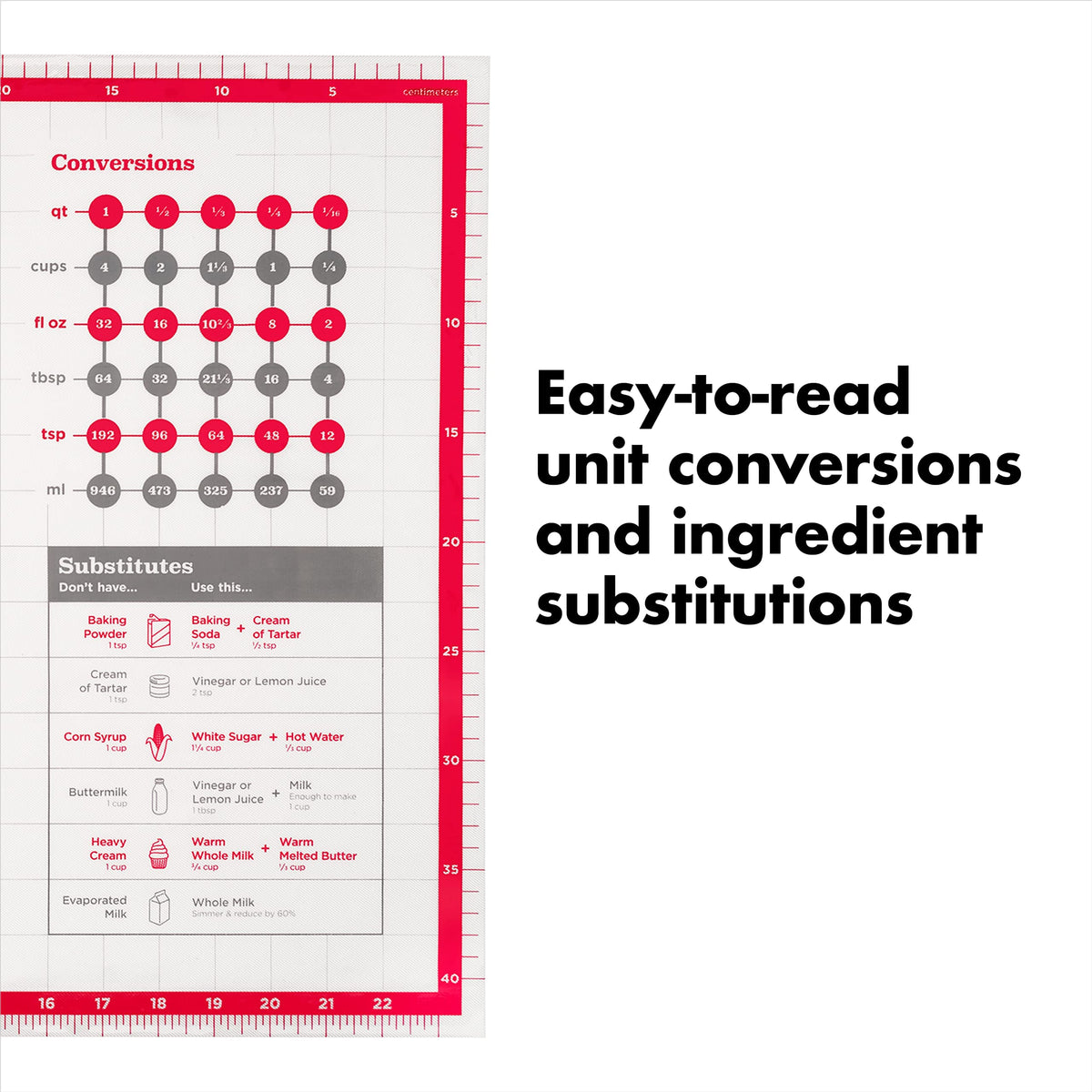 OXO Good Grips pastry mat includes unit conversions for quick tweaks.