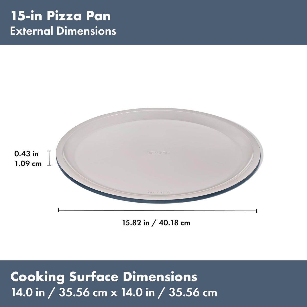 OXO Good Grips storm blue pan showing top markings for quick size identification