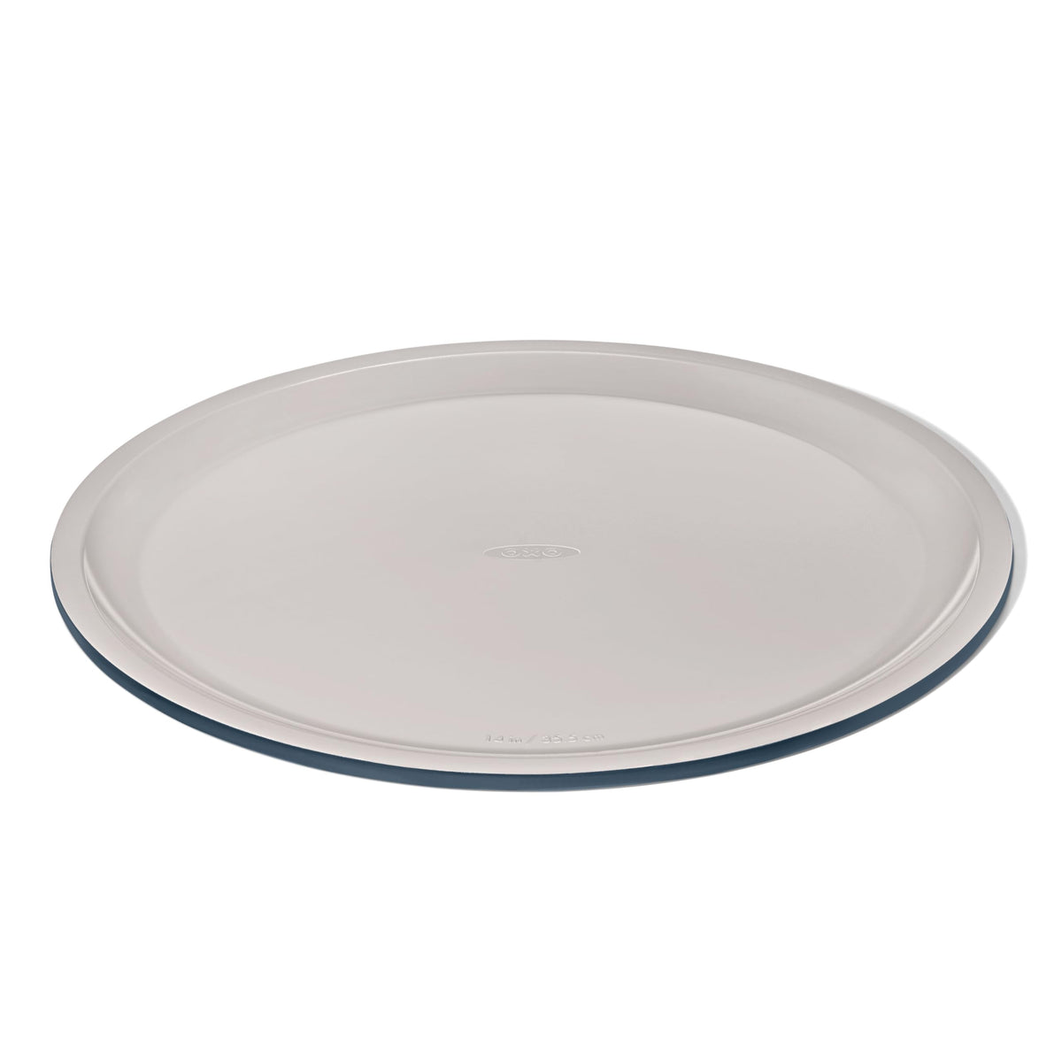 OXO Good Grips storm blue pizza pan top view showing size and finish for even browning