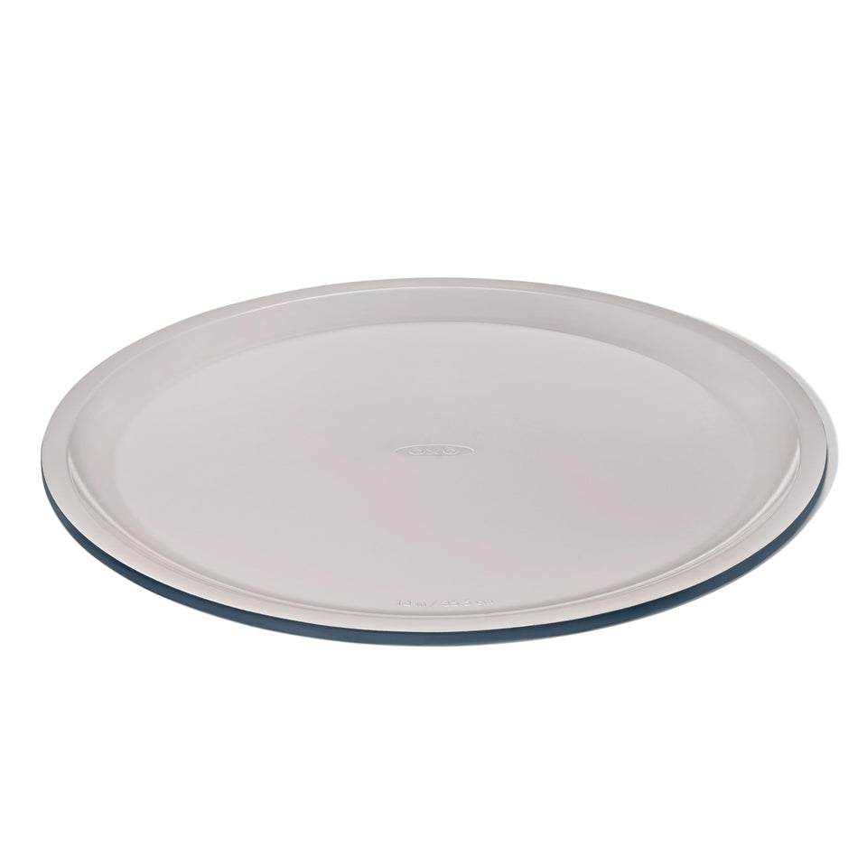 OXO Good Grips storm blue pizza pan top view showing size and finish for even browning