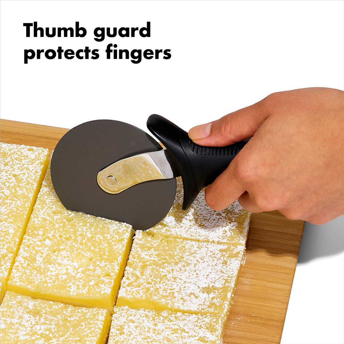 OXO Good Grips pizza wheel offers large non-slip handle for steady slicing.