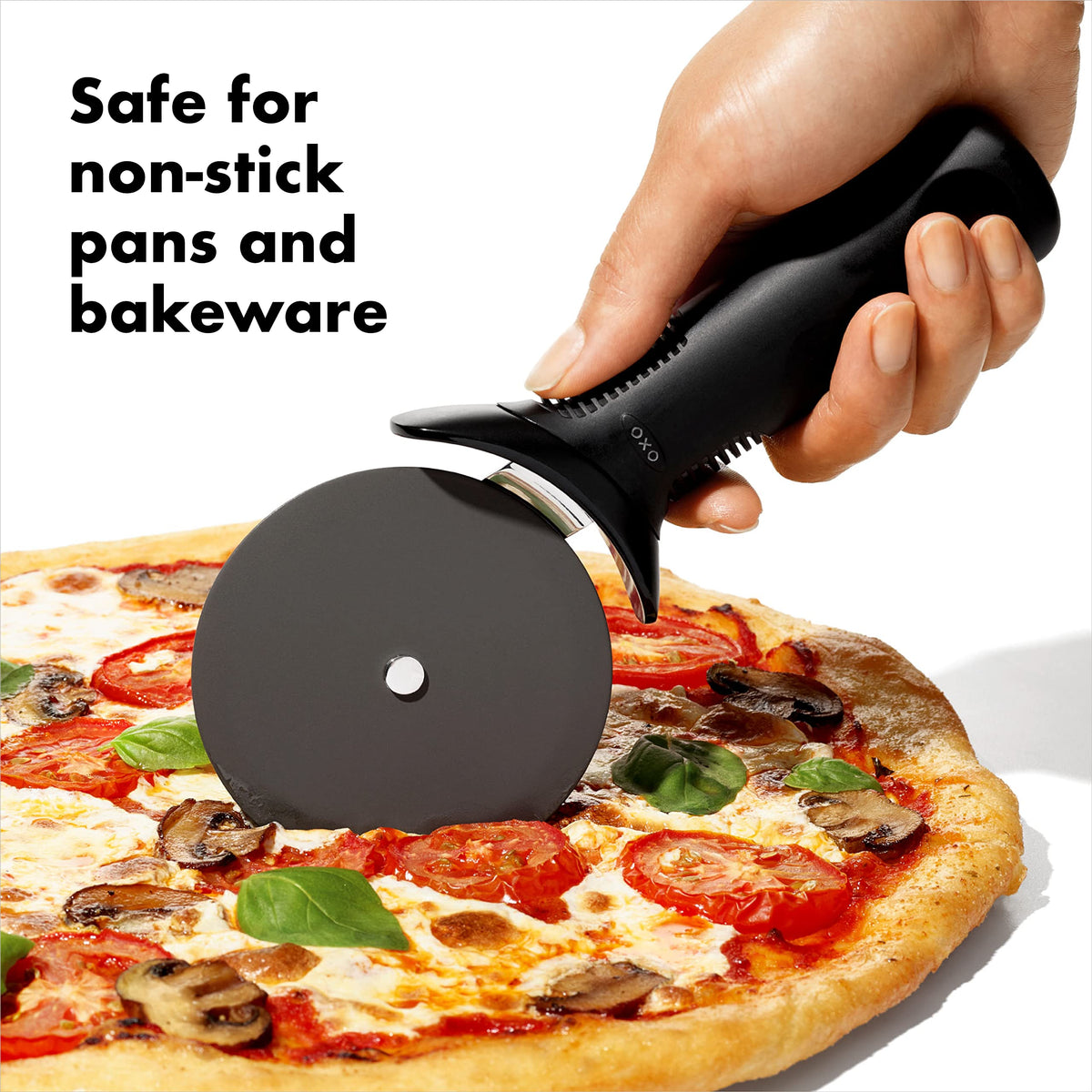 OXO Good Grips pizza wheel thumb guard protects fingers while cutting.
