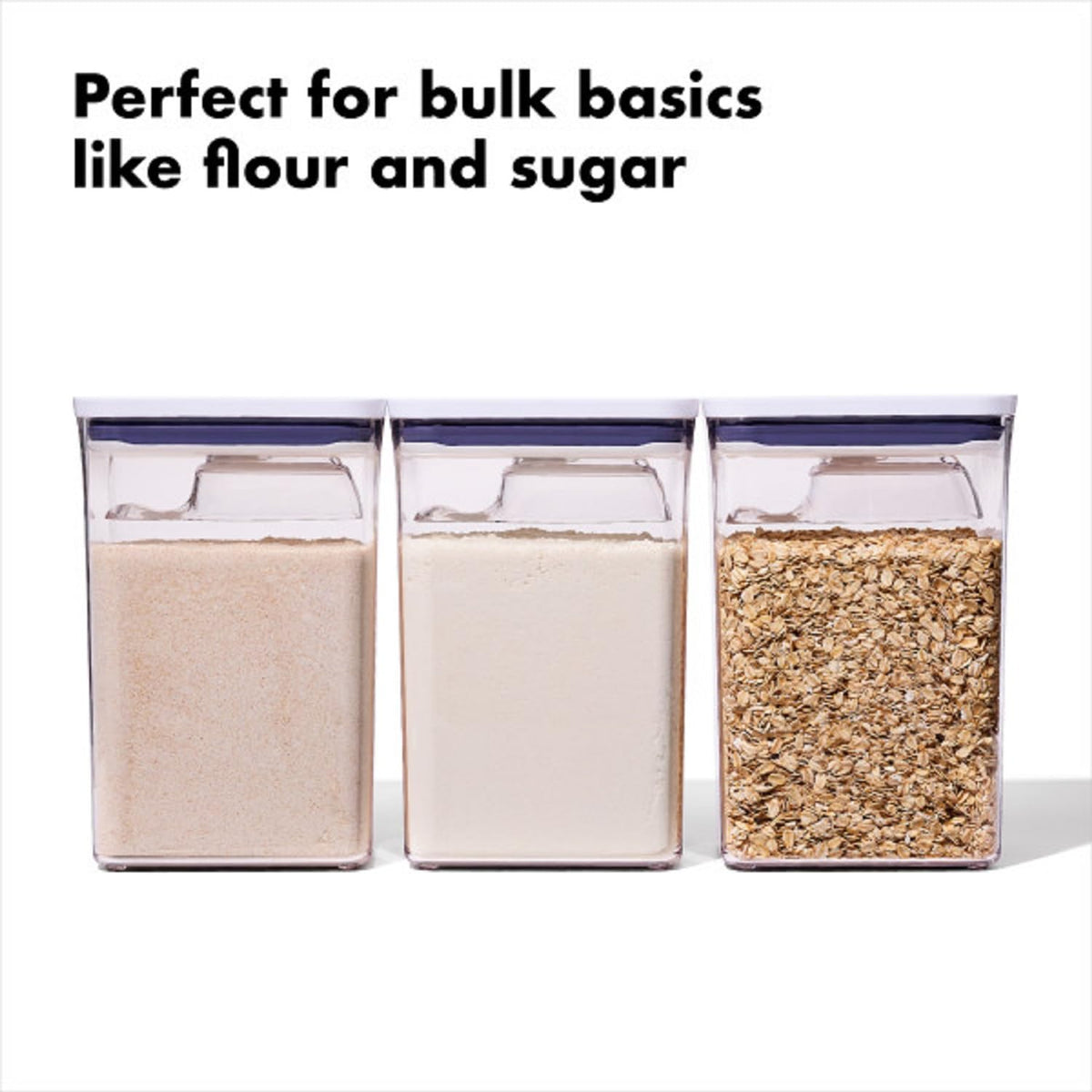 OXO Good Grips POP bulk set stacked neatly in a pantry for space efficiency.