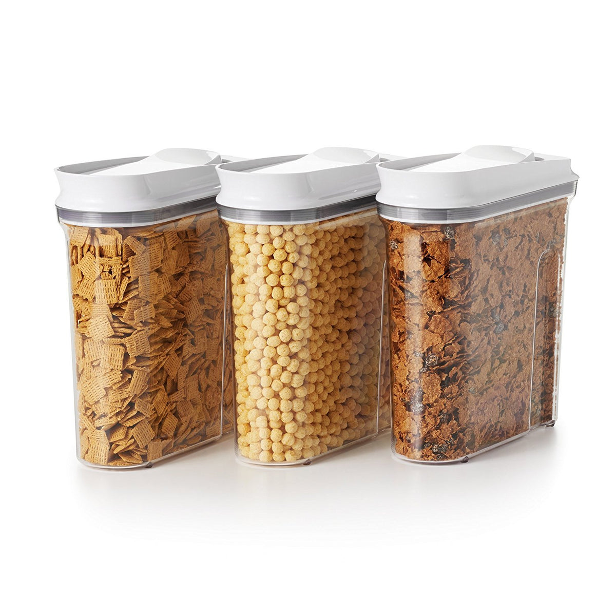 OXO Good Grips POP cereal dispensers set for organized countertop storage.