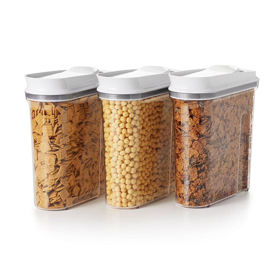 OXO Good Grips POP cereal dispensers set for organized countertop storage.