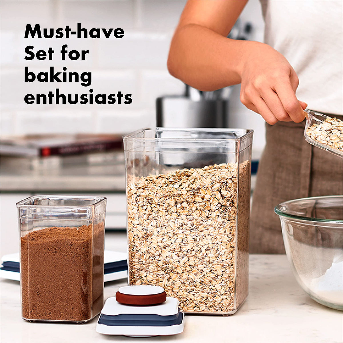 OXO Good Grips POP 4.4 qt container keeping flour and sugar fresh and accessible.