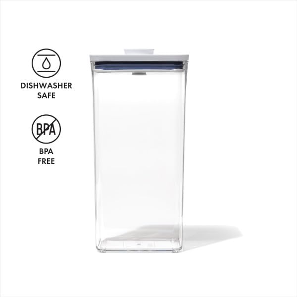OXO Good Grips POP Container Rectangle Tall 3.7 Qt lid button doubles as a handle.