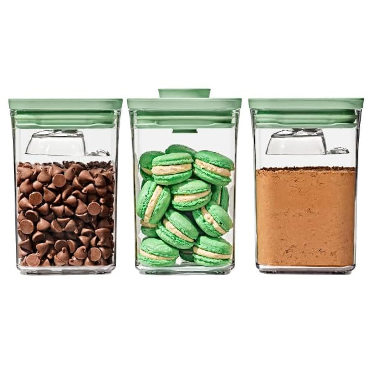 OXO Good Grips POP containers with pistachio lids for organized pantry storage.