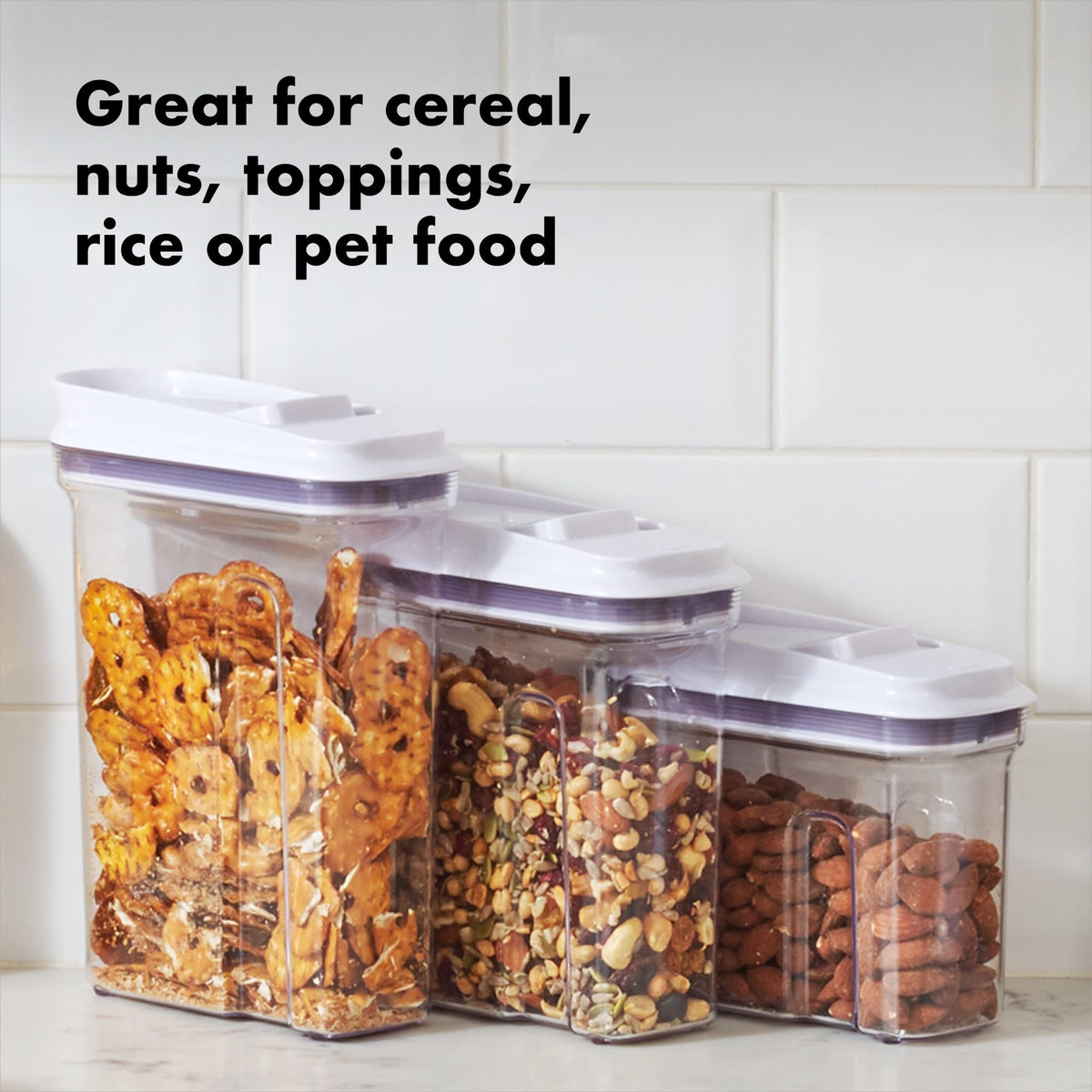 OXO Good Grips POP Large Cereal Dispenser pouring action for controlled serving