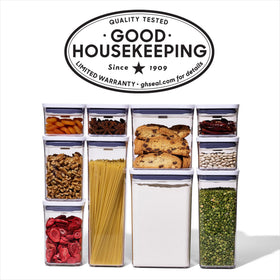 OXO Good Grips POP two-point-seven quart container saves space with stackable design.