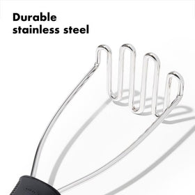 OXO Good Grips potato masher in use mashes potatoes evenly.