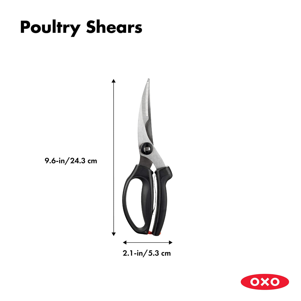 OXO Good Grips poultry shears curved blades enable access to hard-to-reach areas.