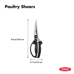 OXO Good Grips poultry shears curved blades enable access to hard-to-reach areas.