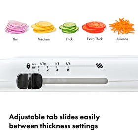 OXO Good Grips Precision Handheld Mandoline blade settings demonstrate range from julienne to thick