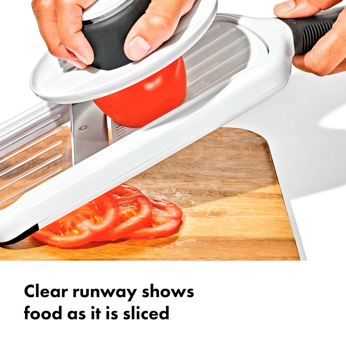 OXO Good Grips Precision Handheld Mandoline thickness tab for easy size changes and consistent slices