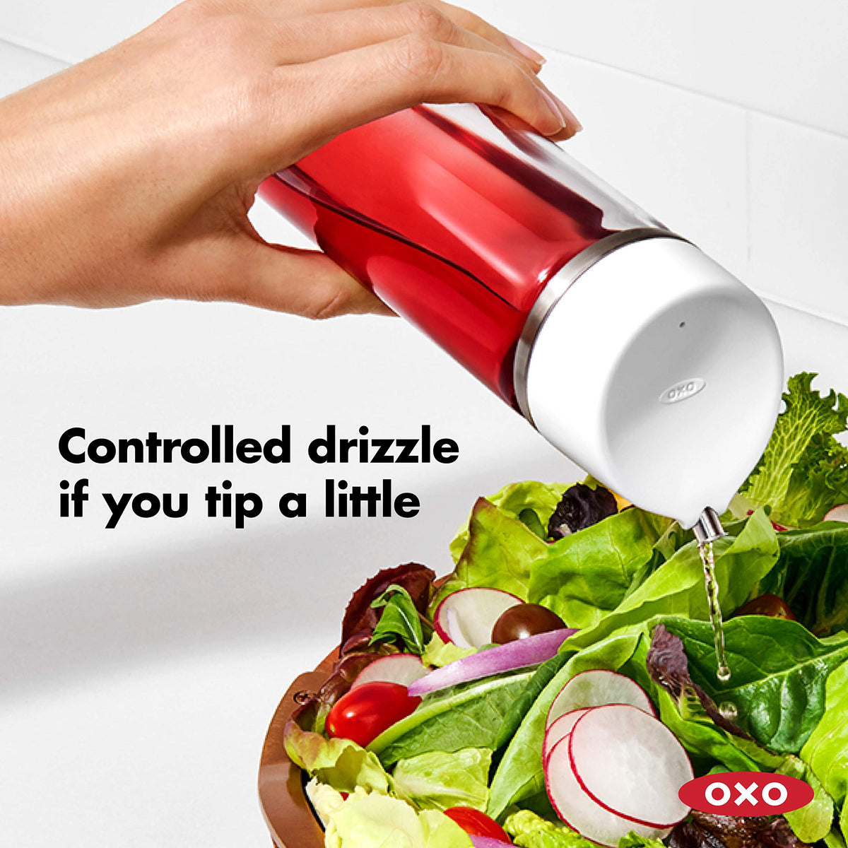 OXO Good Grips dispenser showing two flow speeds for drizzle and pour