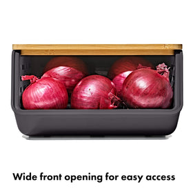 OXO bamboo lid with natural finish adds warmth while preserving produce