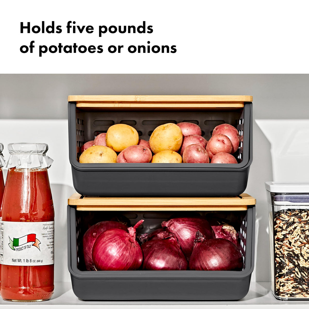 OXO opaque body shields light to help prevent sprouting in storage