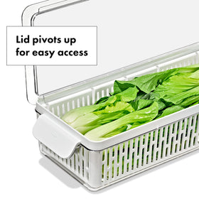OXO Good Grips Produce Saver dimensions fit standard fridge shelves.
