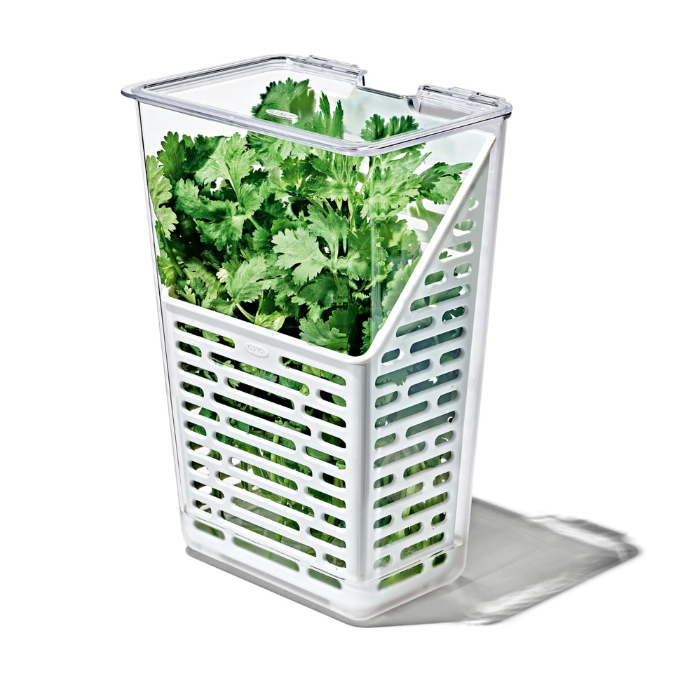 OXO Good Grips Produce Saver herb-keeper interior view shows herbs staying fresh longer.