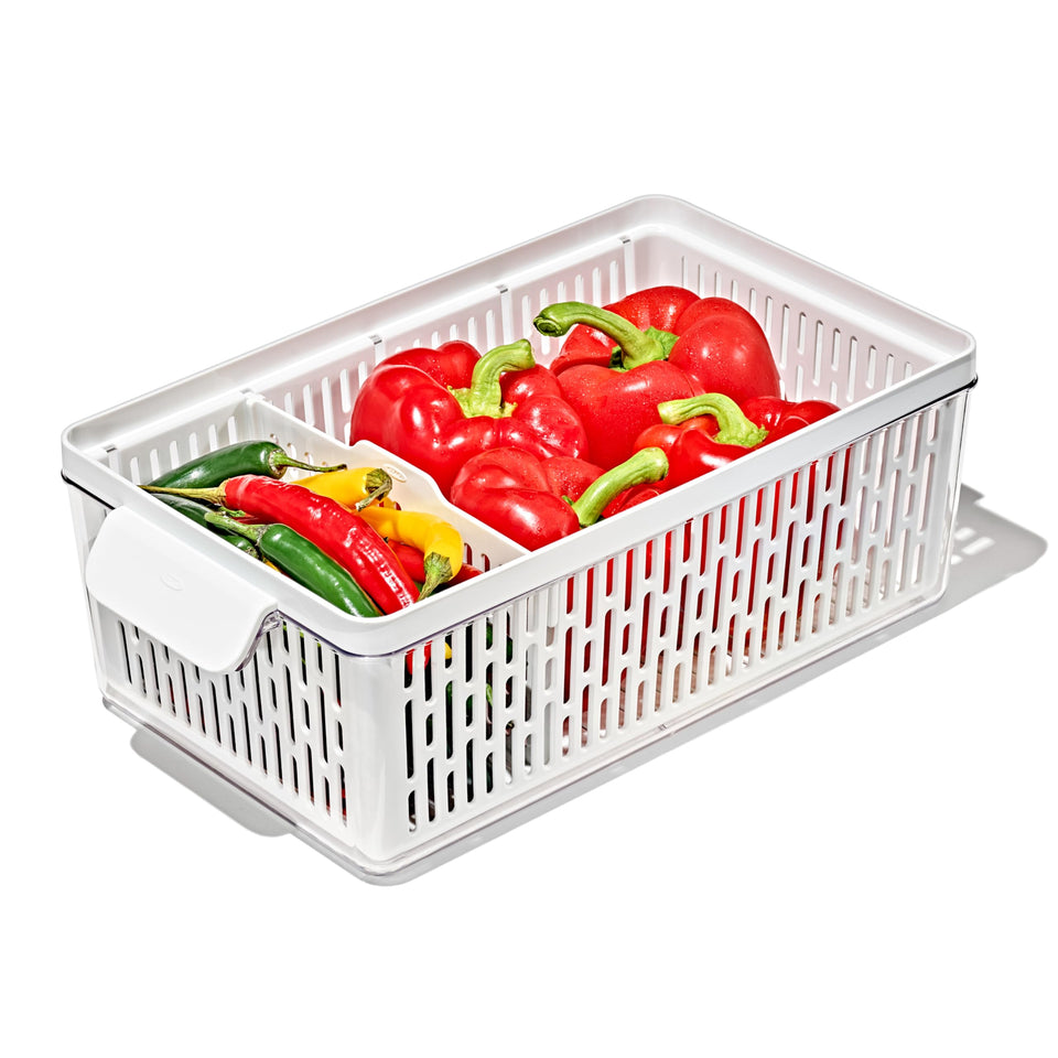 OXO Good Grips Produce Saver medium bin front view preserves greens freshness.