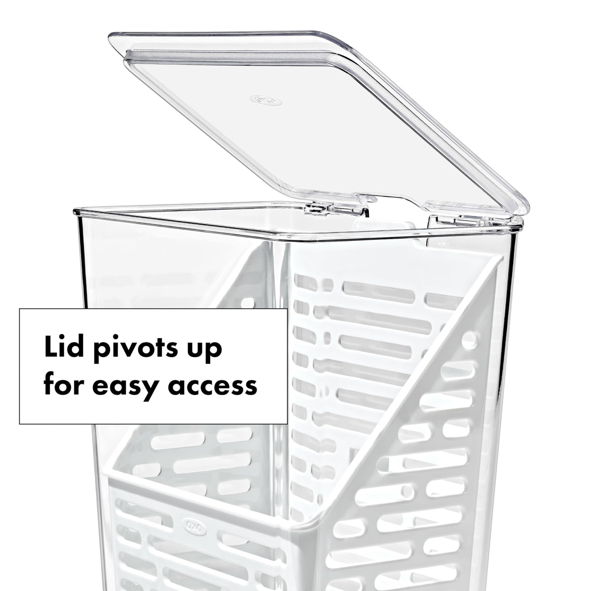 OXO Good Grips Produce Saver narrow-design fits fridge shelves neatly.