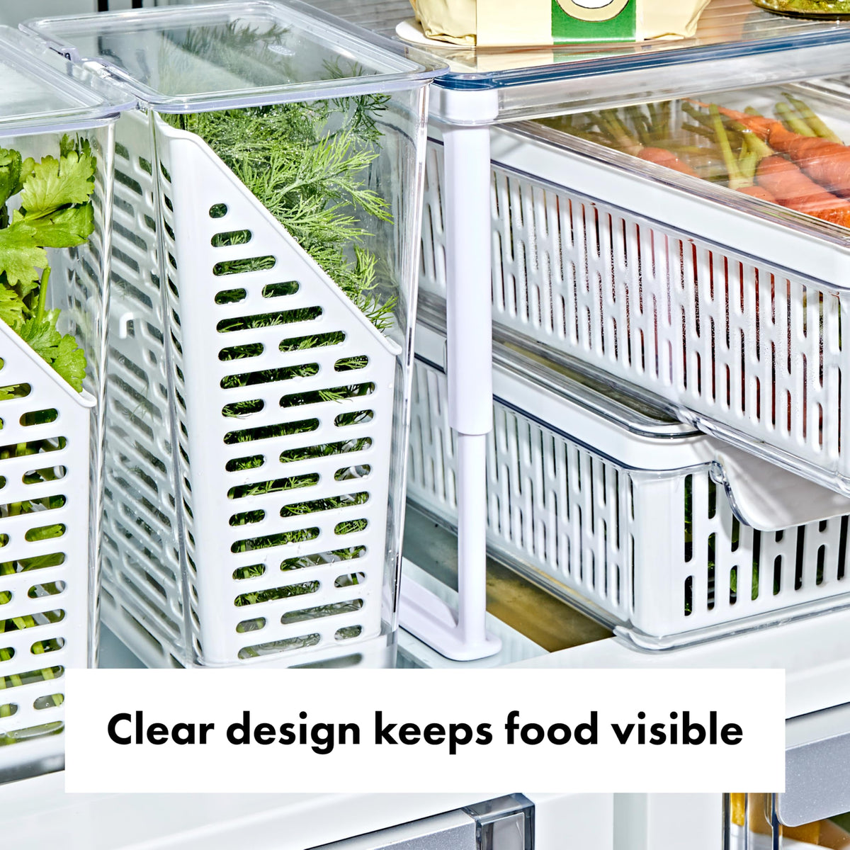 OXO Good Grips Produce Saver removable-basket with hooks for easy access.