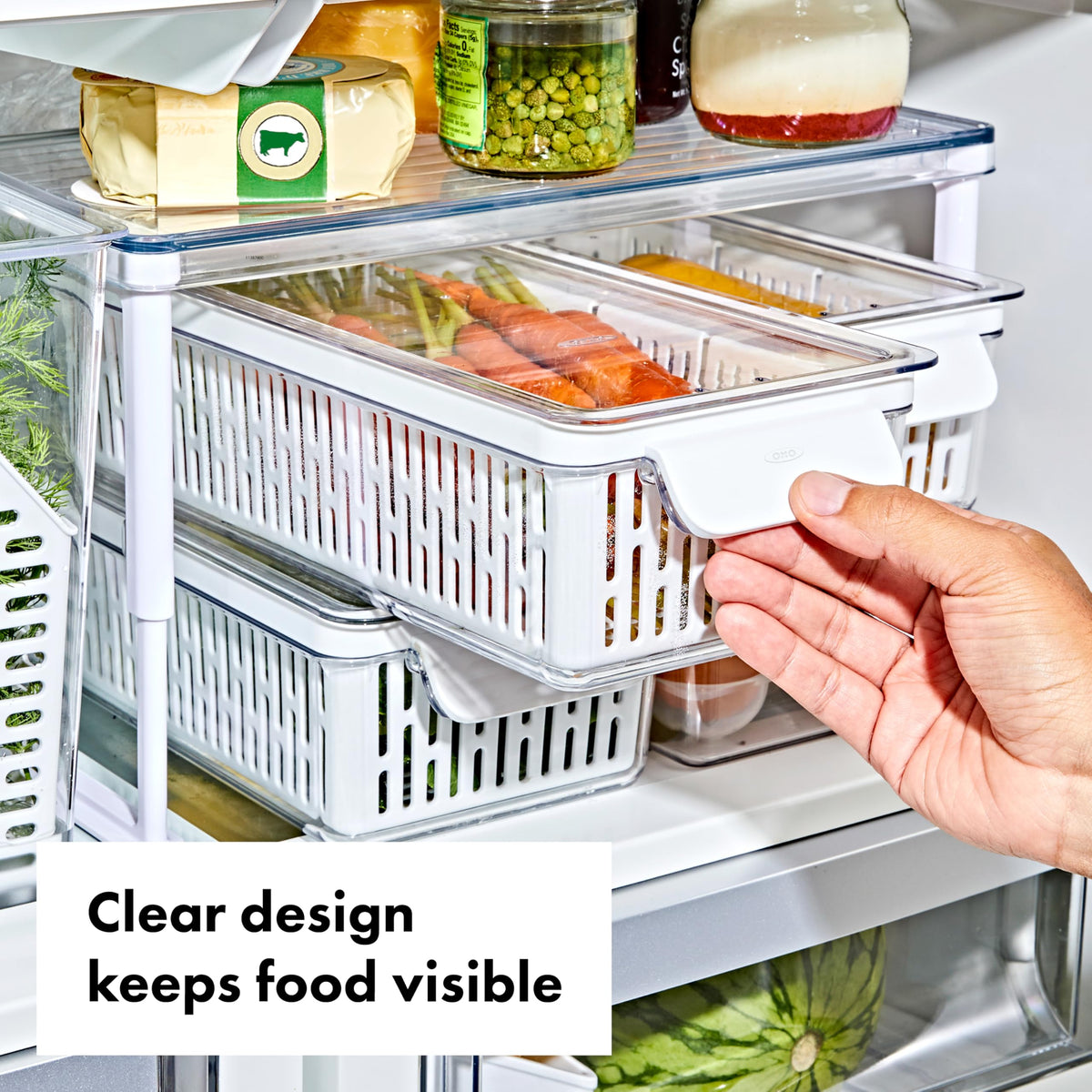 OXO Good Grips Produce Saver removable basket promotes airflow.