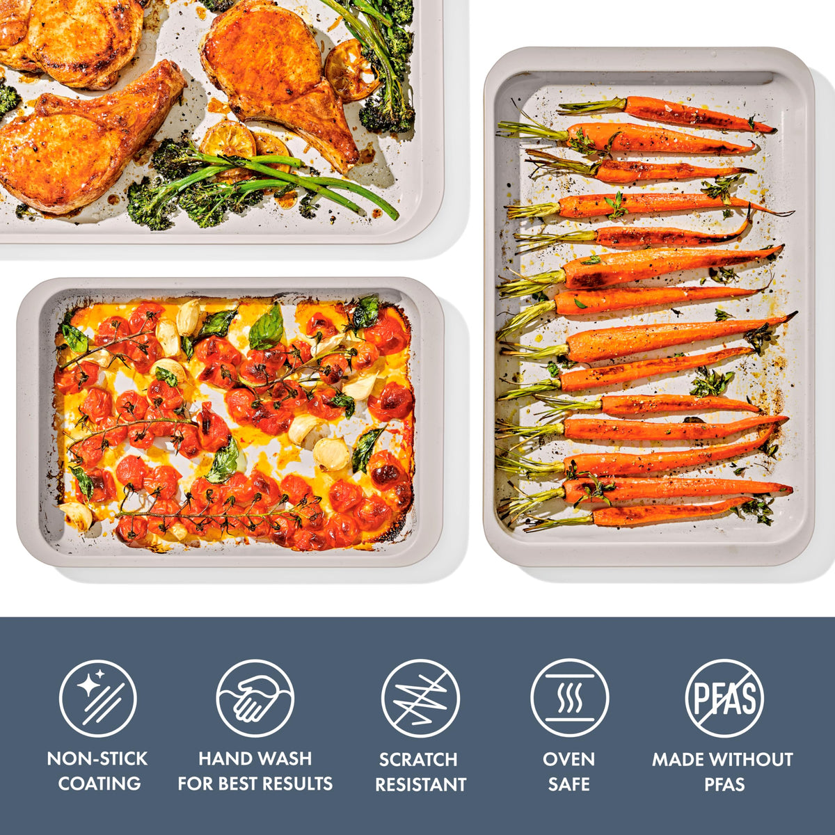 OXO Good Grips quarter-sheet pan in storm blue for roasting salmon with precise heat.