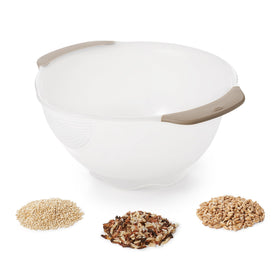 OXO Good Grips rice colander slow drain shows when grains are clean.