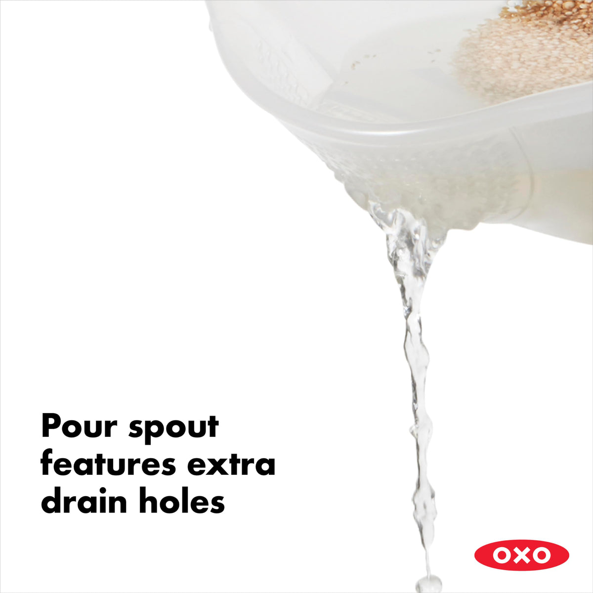 OXO Good Grips colander water pooling signals clean rinsed grains.