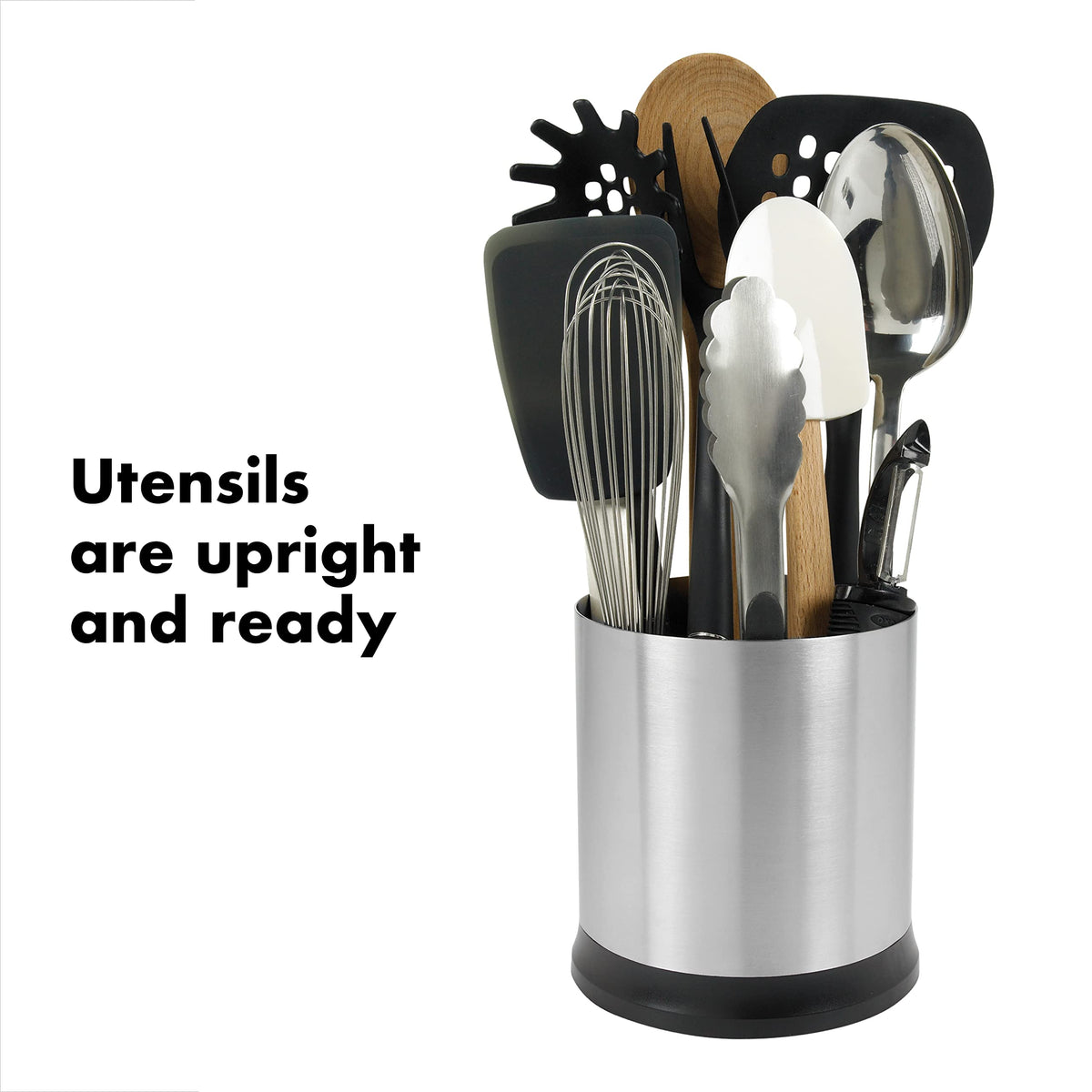OXO Good Grips rotating utensil holder is dishwasher safe for easy cleanup.