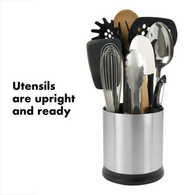 OXO Good Grips rotating utensil holder is dishwasher safe for easy cleanup.
