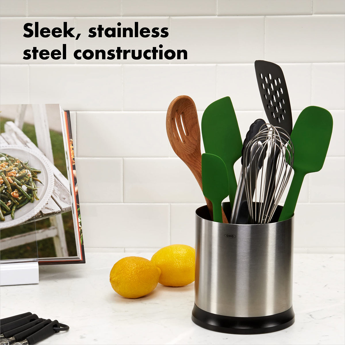 OXO Good Grips rotating utensil holder has non slip feet for stability.