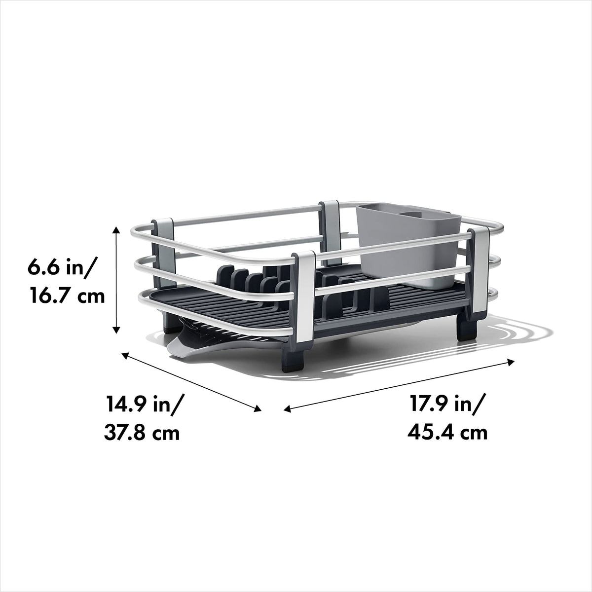 OXO Good Grips rustproof aluminum dish rack with adjustable drain board for versatile countertop placement