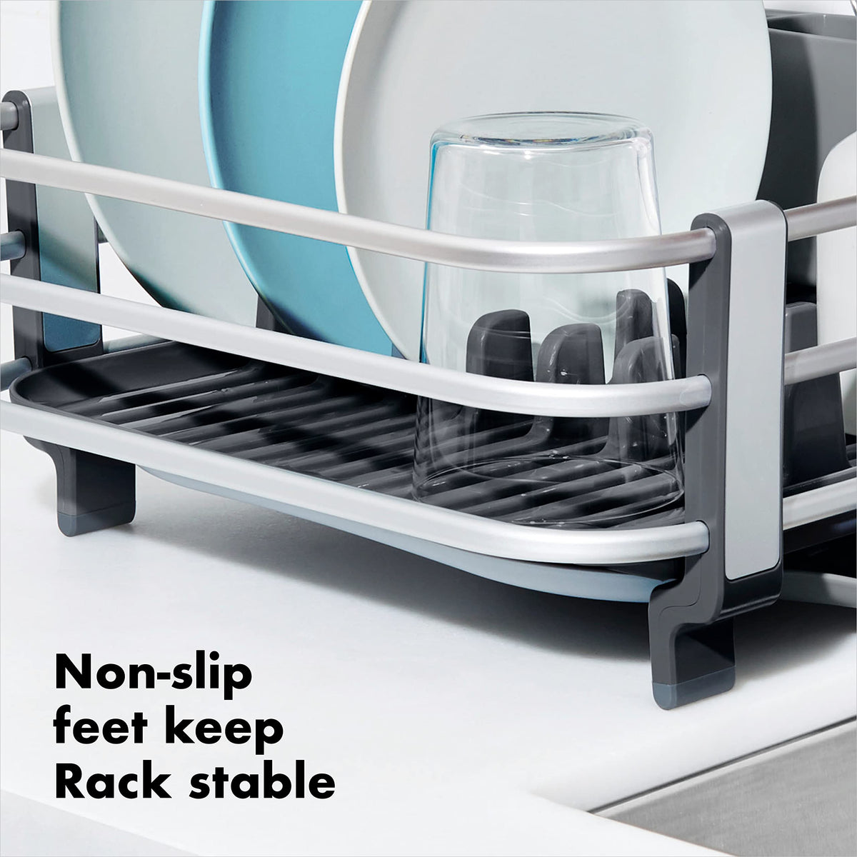 OXO Good Grips rustproof aluminum dish rack raised ridges promote quick water drainage