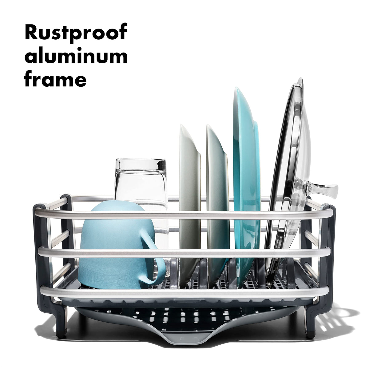 OXO Good Grips rustproof aluminum dish rack showing removable utensil cup for easy unloading
