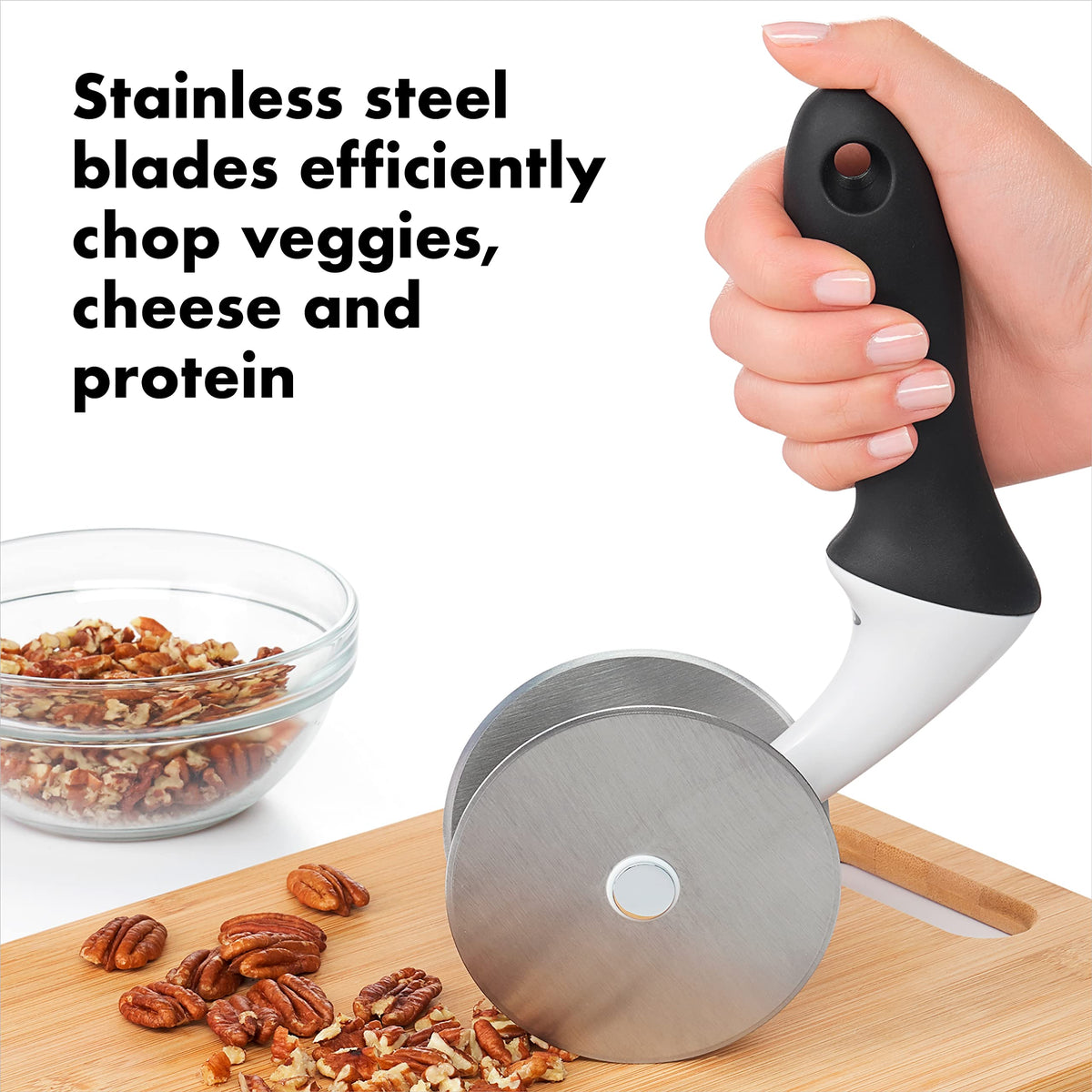 OXO Good Grips Salad Chopper features bowl with continuous curve for efficient chopping.