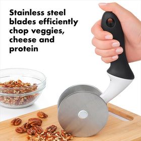 OXO Good Grips Salad Chopper features bowl with continuous curve for efficient chopping.