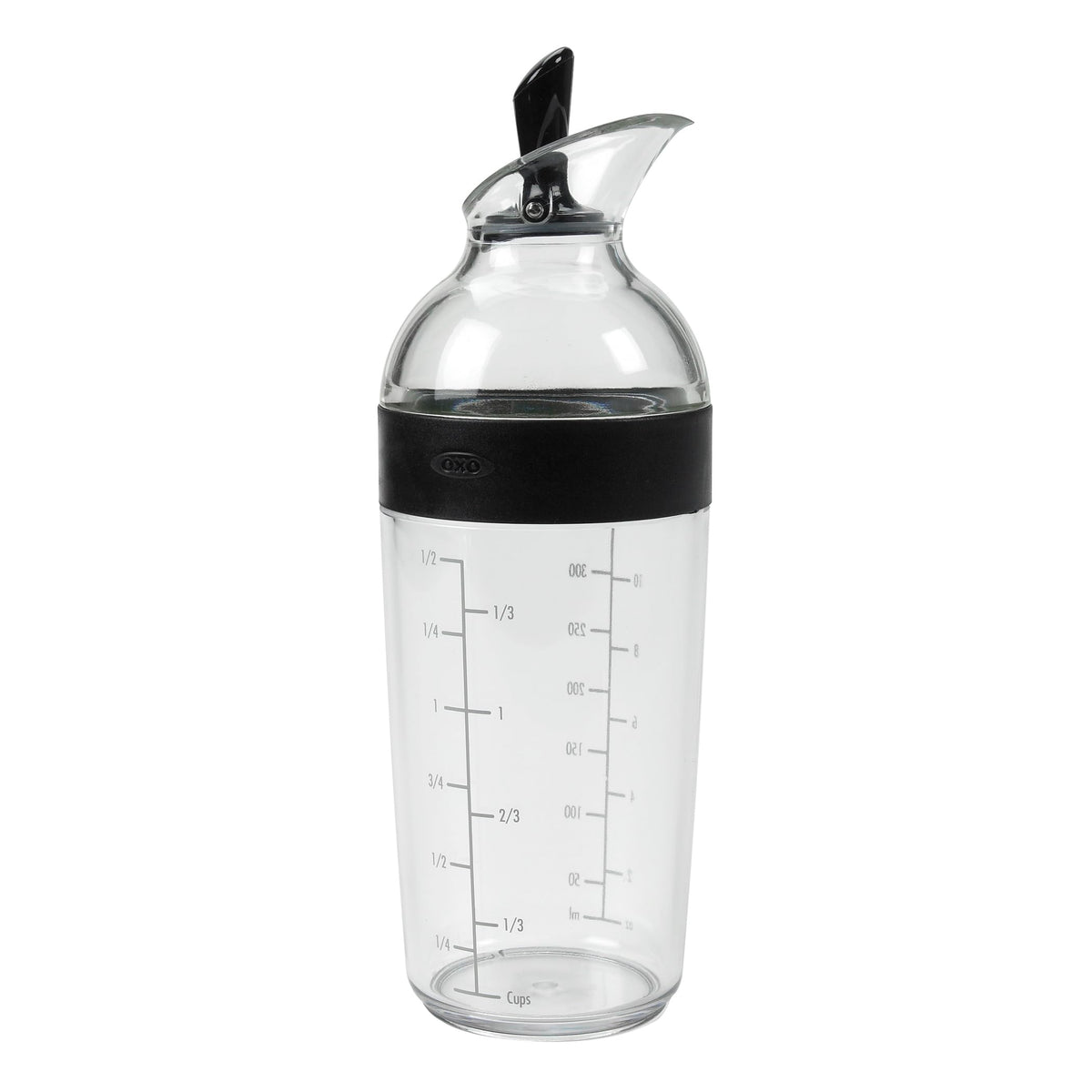 OXO Good Grips Salad Dressing Shaker front view with clear measurement marks for easy mixing.